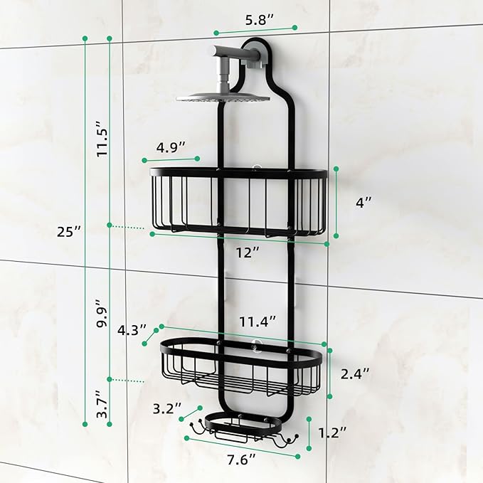 Kadolina Shower Caddy Hanging, Bathroom Shower Rack, Bathroom Organizer with Soap Dish, Over The Showerhead Caddy with Hooks for Razor/Sponge, Black [Patented]