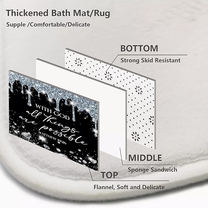 4 Pcs Black Silver Diamonds Shower Curtain Set with Rugs and Toilet Lid Cover, Black White Bible Verse Waterproof Fabric Bathroom Set, Christian Scripture Shower Curtain Bathroom Decor Set Accessories