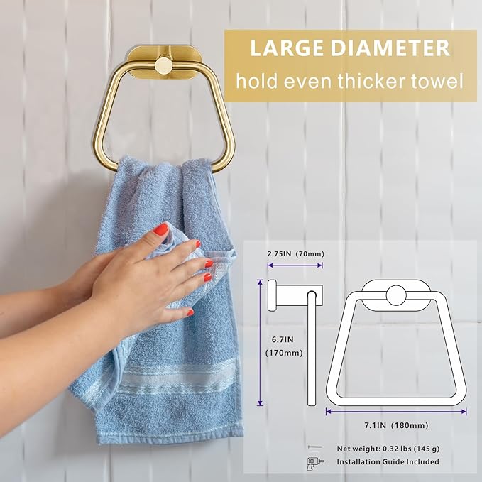 Self-Adhesive Towel Ring, Bathroom Hardware Accessories, 304 Stainless Steel Hand Towel Holder for Bathroom and Kitchen, Ladder Towel Hook, No Drill Installation Wall Mount (Gold)