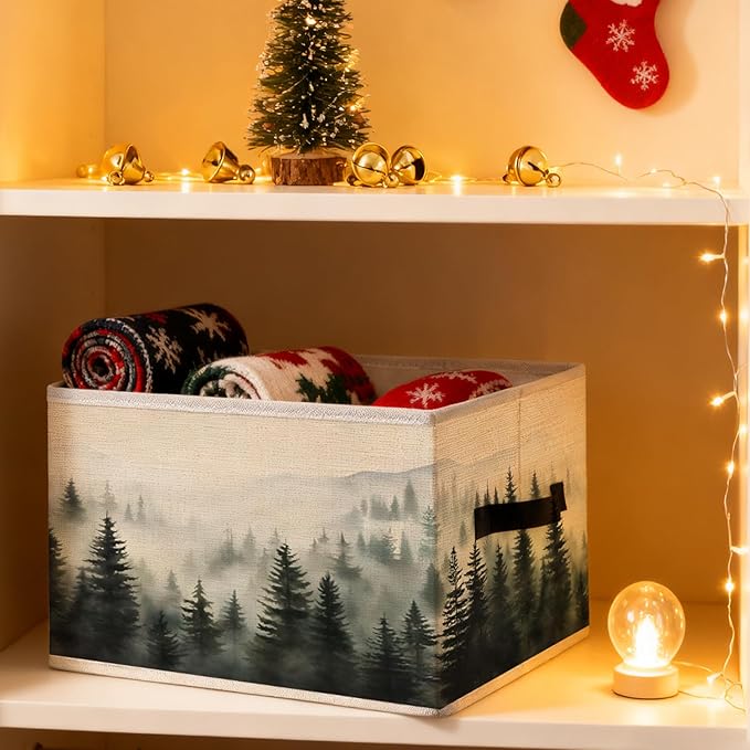 Misty Foggy Mountain Storage Bins, Forest Green Nature Landscape Foldable Closet Organizers Storage Basket Toybox for Clothes Bed Sheets Blankets Toys