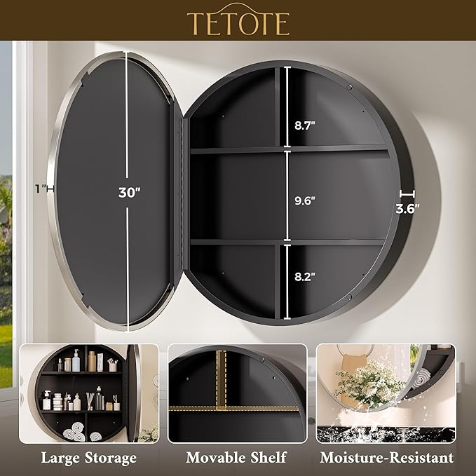 TETOTE Bathroom Mirror Cabinet 30 x 30 Brushed Nickel Round Bathroom Medicine Cabinet with Mirror Adjustable Shelves Farmhouse Wall Mirror with Storage Surface Mounted