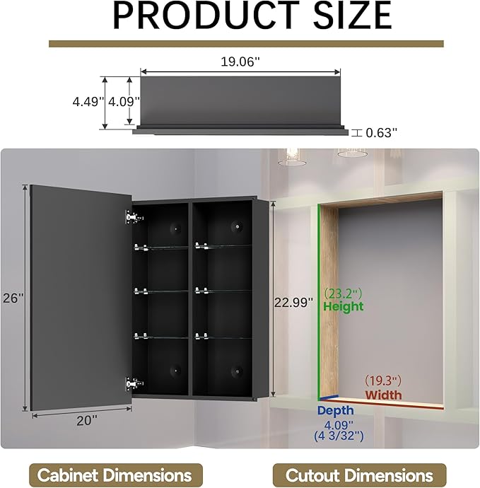 20x26 Medicine Cabinet with Mirror, 6 Adjustable Tempered Glass Shelves, Matte Black Aluminum Bathroom Storage, Soft-Close DTC Hinges, Surface or Recessed Mount, Tempered Beveled Mirror