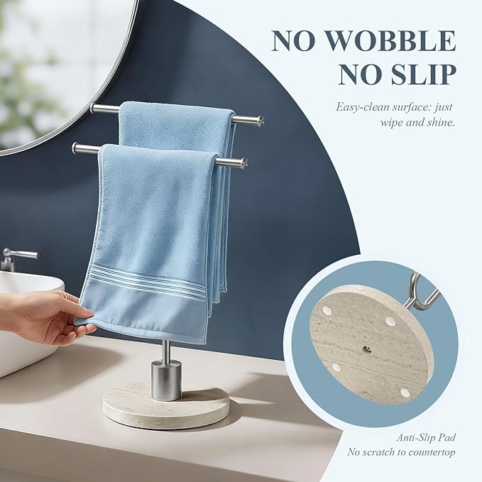 Towel Holder Stand with Natural Travertine Base Stainless Steel Hand Towel Holder Rack for Bathroom Countertop Unique Free Standing Towel Bar Holds 2 Towels for Kitchen Countertop (Brushed Silver)
