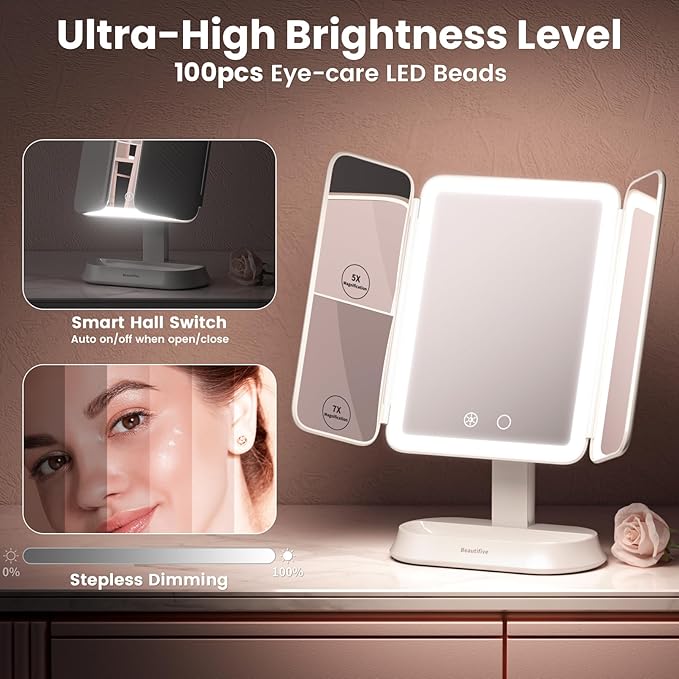 Lighted Makeup Mirror with 7X/5X/1X Magnification, Vanity Mirror with Lights, Trifold Led Makeup Mirror, 3 Lights Colors & Adjustable Brightness, 360° Rotation & Detachable Design for Travel Gift