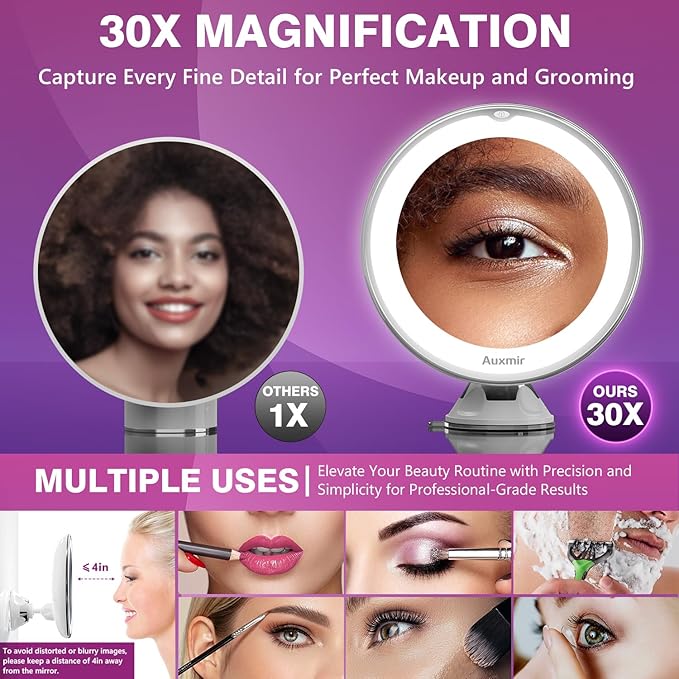 Auxmir 2026 Upgraded 30X Magnifying Mirror with Light, Makeup Mirror with 2-Level Lights, Portable Magnifying Mirror Suction Cup and Tweezers, 360° Swivel, Vanity Bathroom Mirror for Home Travel