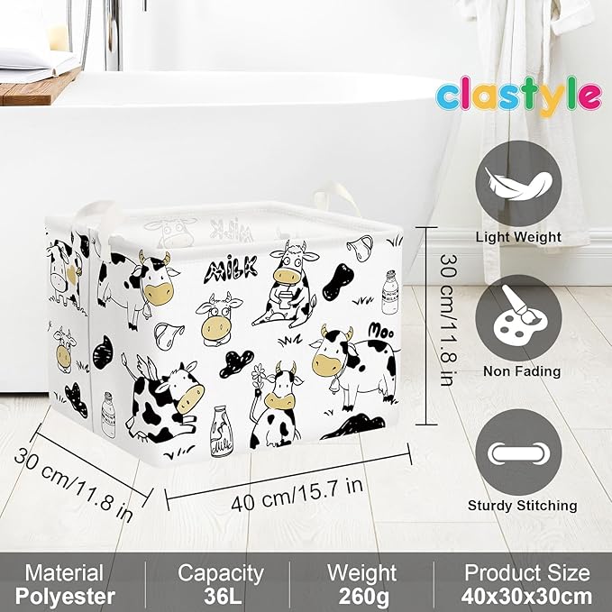 Clastyle Cute Cow Baby Storage Basket for Kids Room Nursery Collapsible Rectangle Clothes Toy Bin Book Shelf Basket