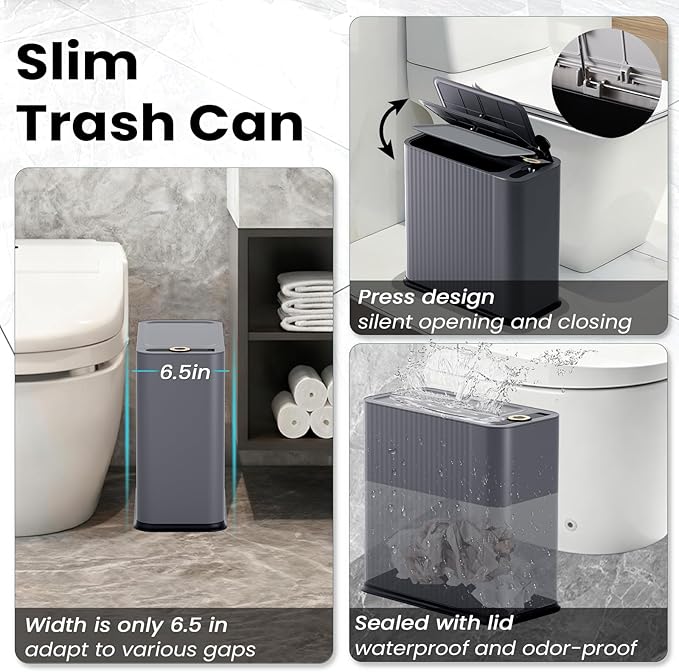 XLHOMO 9-Piece Dark Gray Bathroom Accessories Set - Durable & Sleek Kit with Slim Narrow Trash Can, Toilet Brush & Soap Dispensers - Space-Saving Modern Bathroom Decor