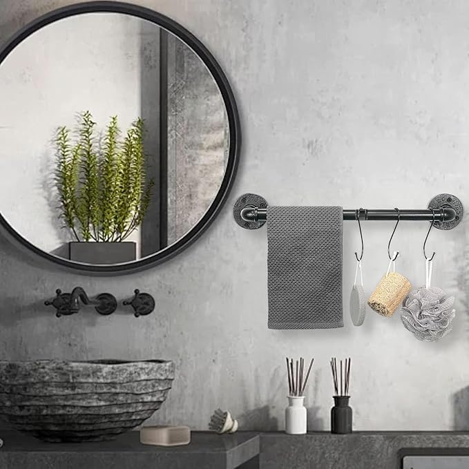 Industrial Pipe Towel Rack Towel Bar, Heavy Duty Wall Mounted Rustic Farmhouse Bath Towel Holder for Bathroom (Black, 24 inch)
