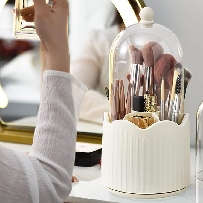 PerGar Makeup Brush Holder Organizer with Compartments, Transparent Dustproof 360 Degrees Rotatable Brush Storage Box with Lid, Cute Countertop Cosmetics Storage Cup for Vanity(Cream Yellow)