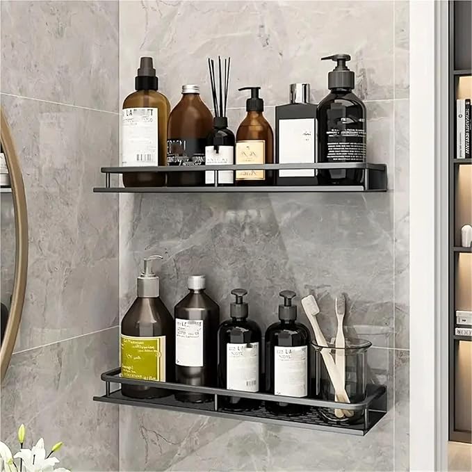 Aluminum Shelf Bathroom Storage Rack Wall Mounted Cosmetic Suitable for Item(40cm Black hookrod)
