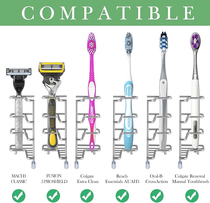 Linkidea Wall Mount Toothbrush Holder for Shower, Stainless Steel Toothpaste Stand, Self Adhesive/Countertop 3 Slots Organizer Compatible with Colgate Extra Clean, Oral-B CrossAction