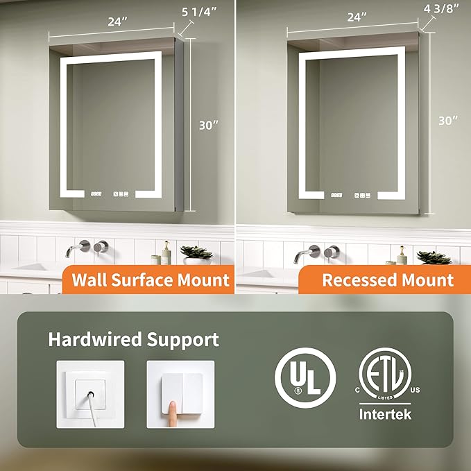 LED Medicine Cabinet Mirror, 24x30 Inch Bathroom Storage, Recessed/Wall Mount, Plug-in/Hardwired, 3 Color Dimmable Light, Anti-Fog, Time Temp Display, Left Hinge