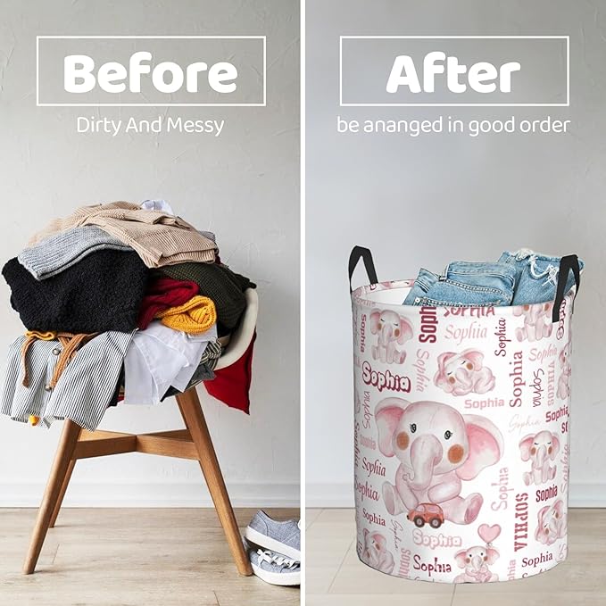 Customizable cute Laundry Hampers, Custom name Laundry Hamper, Personalized Elephant laundry basket, Customized Elephant Hamper with name for Living Room Bedroom Bathroom Barbershop