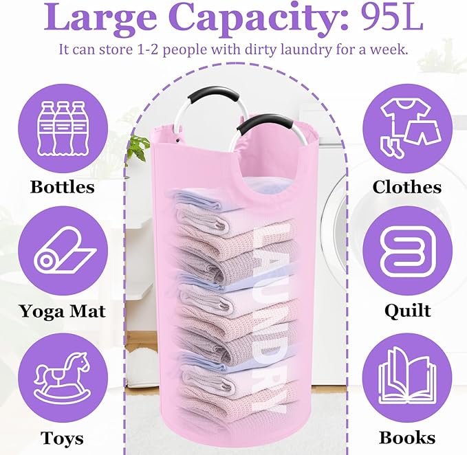 2Pcs Foldable Pink Laundry Basket for Family, 95L Portable Laundry Baskets with Aluminum Handles, Multi-functional Dirty Clothes Hampers for Dorm, Travel, Pink