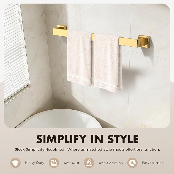 Bathroom Accessory Towel Bar Set: 10 Pieces Gold Square Bathroom Hardware SUS304 Stainless Steel - 24 Inch Wall Mounted Towel Rack&Toilet Paper Holder&Towel Ring and Towel Hook