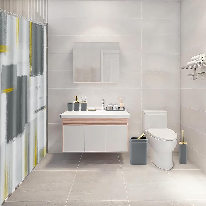 XLHOMO Grey Bathroom Accessories Set, Bathroom Sets with Shower Curtain, Grey Bathroom Accessories with Trash Can, Soap Dispenser, Soap Dish, Toilet Brush Holder, Qtip Holders for Bathroom