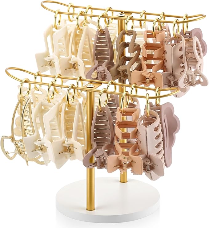 Lewtemi 2-tier Metal Claw Clip Organizer with 24 Golden Rings Hair Clip Holder Stand Claw Clips Storage Display Rack Hair Accessories Organizer Room Dressing Table Bathroom Decor for Women and Girls