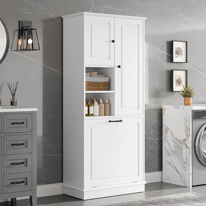 Virubi Tall Laundry Cabinet with Tilt Out Hamper, Wood Tall Laundry Room Cabinets with Doors, and Adjustable Shelves, for Bathroom Storage Organization, Freestanding, White