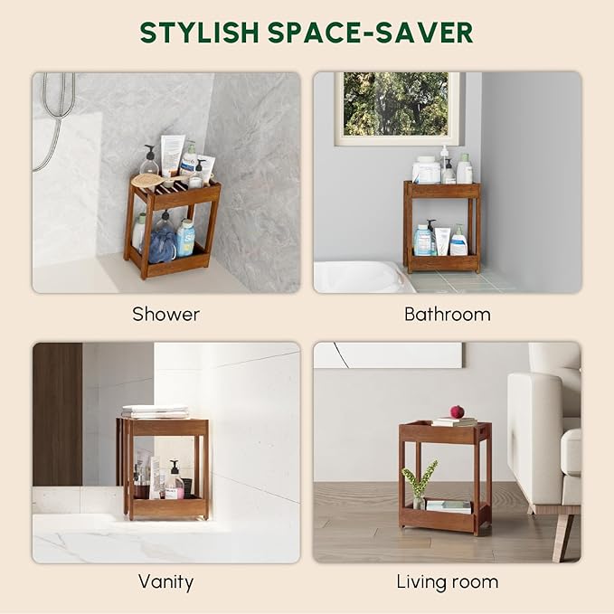 BEEFURNI Acacia Wood Shower Caddy, 2 Tier Shower Organizer, Sturdy Corner Shower Caddy, Wooden Bathroom Shelves Freestanding, Bathroom Standing Shelf (2T)
