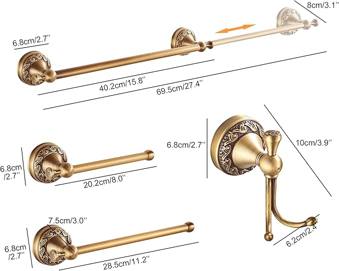 Antique Bronze Bathroom Hardware Set,Adjustable Towel Rack, Toilet Roll Paper Holder,Hand Towel Holder,Hook, Bathroom Accessories Set Wall Mounted （Carve Patterns）