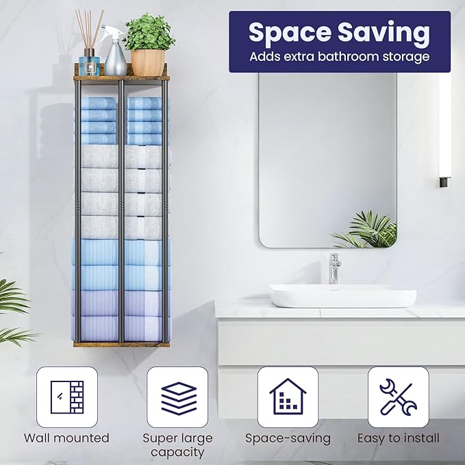 Towel Rack with Shelf – Modern Towel Holder for Bathroom Wall Mounted, Holds 6 Large Bath Towels, Rolled Towel Organizer for Bathroom, Laundry Room, and Small Space Storage，Vintage Color