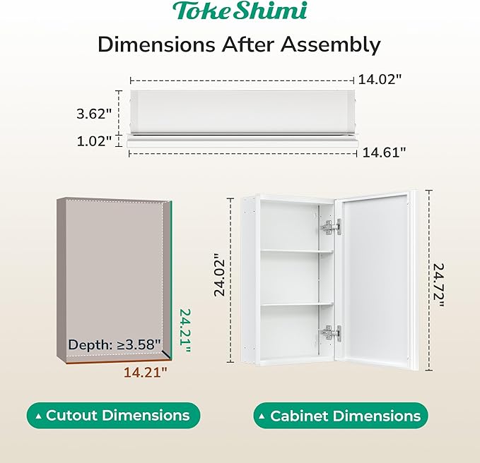TokeShimi 14 x 24 White Recessed Medicine Cabinet with Mirror, Assembly Required, Bathroom Medicine Cabinet with Mirror, Stepless Adjustable Shelves, Beveled Aluminum Frame, DTC Hinge