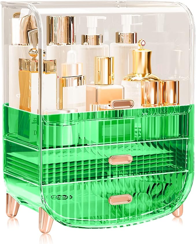 Ergocar Portable Transparent PET Series Multi-Function Make Up Case Dustproof Cosmetic Storage Box, Cosmetics Skin Care Products Jewelry Organizer Case Lipstick Box - Green Three Layers