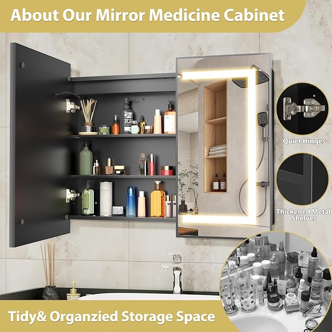 ROOMTEC Lighted Medicine Cabinet with Mirror 40"x32", Wall Mounted Bathroom Mirror with Storage, 2 Doors Bathroom Wall Cabinet with LED Lights, Black