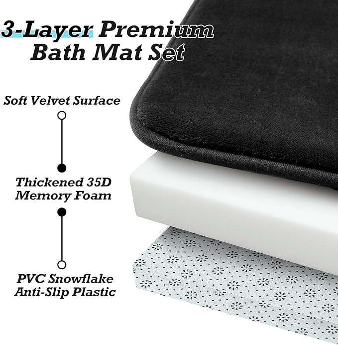HUXMEYSON Bathroom Rugs Sets 2 Piece, Non-Slip & Quick Dry Bath Mat Set, Ultra Soft Velvet Bath Rugs for Bathroom, Toilet and Shower Floor, Black