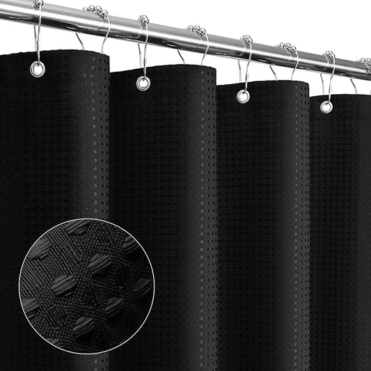 Gibelle Black Shower Curtain, Waffle Weave Textured Fabric Shower Curtain for Bathroom - Soft Cloth & Hotel Spa Luxury, Water Repellent, Machine Washable, 72X72, Black