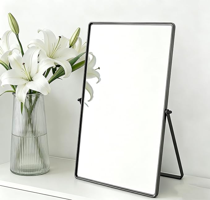 Feyarl Desktop Makeup Vanity Mirror 11.8 x 7.87 Inch Tabletop Mirror 90° Rotation Decorative Standing Cosmetic Mirror for Home Deco Bedroom Bathroom Desk Dresser (Gunmetal Black)