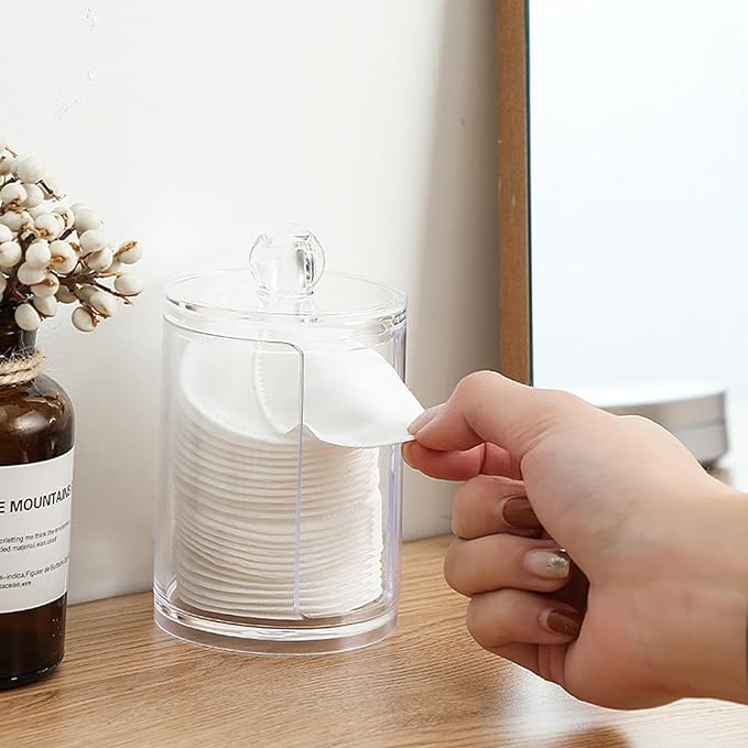 10oz Clear Plastic Cotton Round Holder Organizer - Shatterproof Vertical Makeup Pad Dispenser Canister with Lid for Bathroom Vanity Storage, Apothecary Jar for Face Cleaning Pads & Skincare