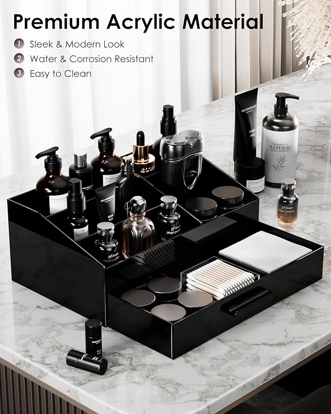 ProCase Cologne Organizer with Drawer, Acrylic Perfume Holder & Bathroom Countertop Organizer for Men & Women, Dresser Vanity Storage for Cologne, Perfume and Skincare -1 Layer