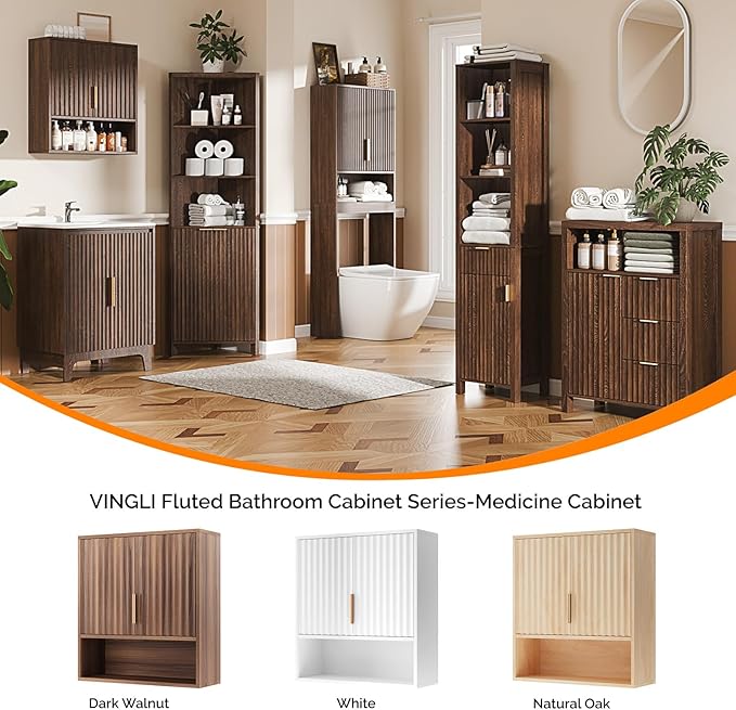 VINGLI Bathroom Wall Cabinet, Walnut Fluted Medicine Cabinet with Doors, Wall Mounted Storage Cabinet Over Toilet with Adjustable Shelf, Mid-Century Hanging Organizer for Kitchen, Laundry