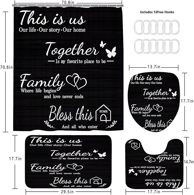 AZHM Family Shower Curtain Set Black Home Bathroom Set with Shower Curtain and Rugs and Accessories Bathroom Decor Curtain with 12 Hooks