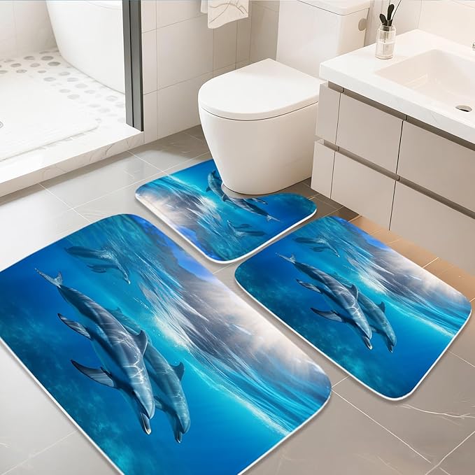 Sea Animals Undersea Dolphins Bathroom Rugs and Mats Sets 3 Piece, Memory Foam 20 x 31.5 inch Bath Mat, U-Shaped Contour Shower Mat Non Slip Absorbent Washable