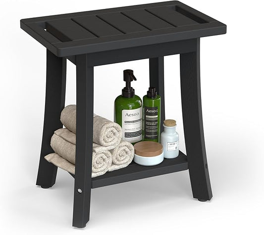 HIPS Shower Bench Inside Shower Stool with Storage Shelf, Waterproof Spa Bath Chair for Bathroom, Seat or Organizer for Living Room, Bedroom - Great for All Ages Unisex Elderly (Small, Black)