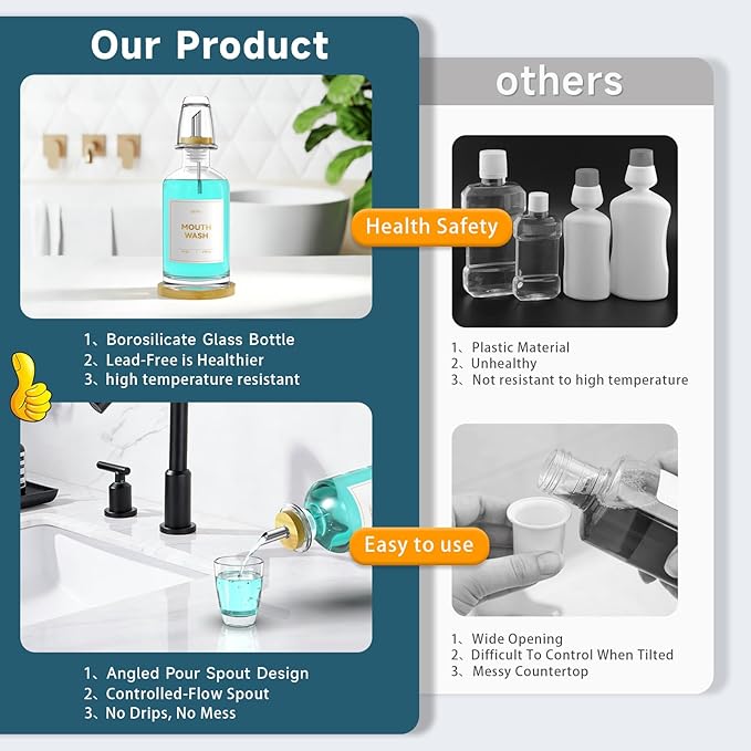 Glass Mouthwash Dispenser for Bathroom Countertop – 14oz/410ml Refillable Mouthwash Bottle with Stainless Steel Pour Spout & Bamboo Tray, Modern Decor for Home, Office, Airbnb (Clear)
