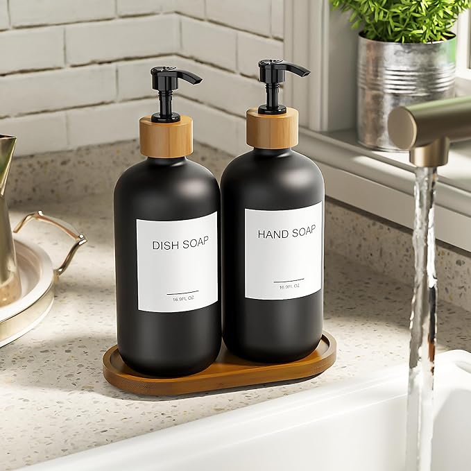 MASADI Black Glass Hand Soap and Lotion Dispenser Set with Tray, Liquid Hand Soap Dispenser and Pump, Bathroom Soap Dispenser Set, Bamboo Bathroom Accessories & Modern Bathroom Deco