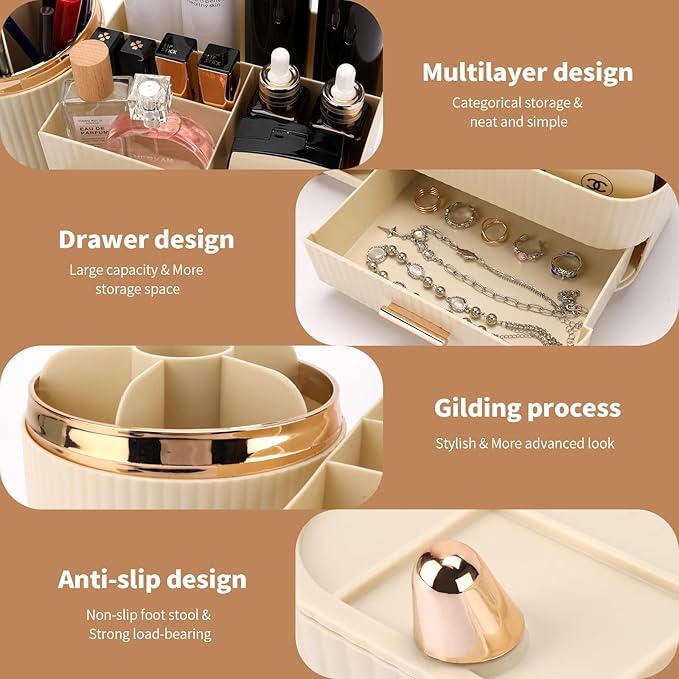 Beborxue 360?? Rotating Makeup Organizer for Vanity with Drawers, Large Capacity Cosmetic Display Case, skincare organizer, Cosmetic Organizer for Lipstick, Skincare, Brushes, Eyeshadow, (Rice White)