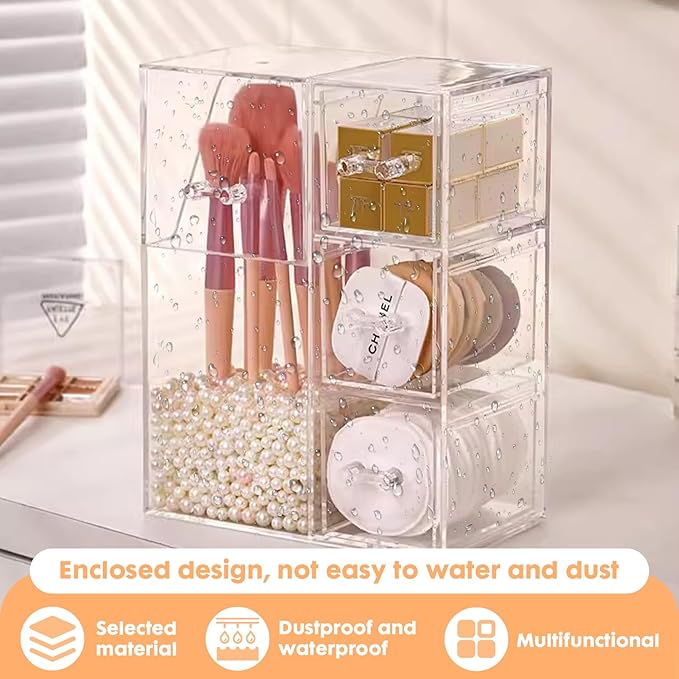 ShellKingdom Makeup Brush Holder,Clear Cosmetic Brushes Organizer With Drawer for Storage Brushes with Lid and Pearl for Dressing Tables and Vanity