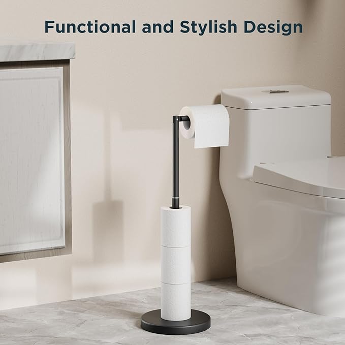 FORIOUS Toilet Paper Holder Stand Adjustable, Stainless Steel Freestanding Toilet Paper Holder with Storage, Bathroom Tissue Roll Stand Storage for 4 Rolls, Matte Black (Pack of 2)