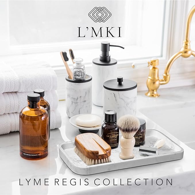 Marble & Matte Black Bathroom Accessories Set - Toothbrush Holder, Soap Dispenser, Modern Black Bathroom Decor