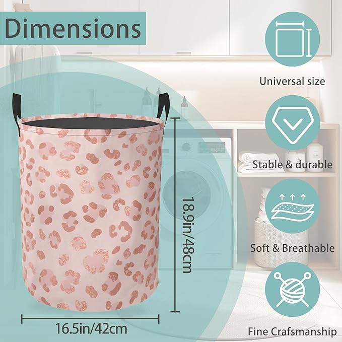 Pink Leopard Print Round Laundry Basket Collapsible Laundry Hamper with Handles Toys Clothes Organizer Bin For Home Bathroom Bedroom Dorm Nursery