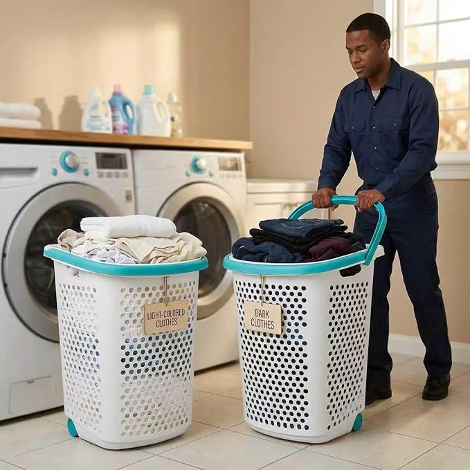 (2-Pack) 2 Bushels Wheeled Plastic Laundry Basket, Lightweight and Flexible, Equipped with Handles, Easy to Clean, Suitable for use in Homes, Dormitories, Bathrooms and Laundry Rooms.