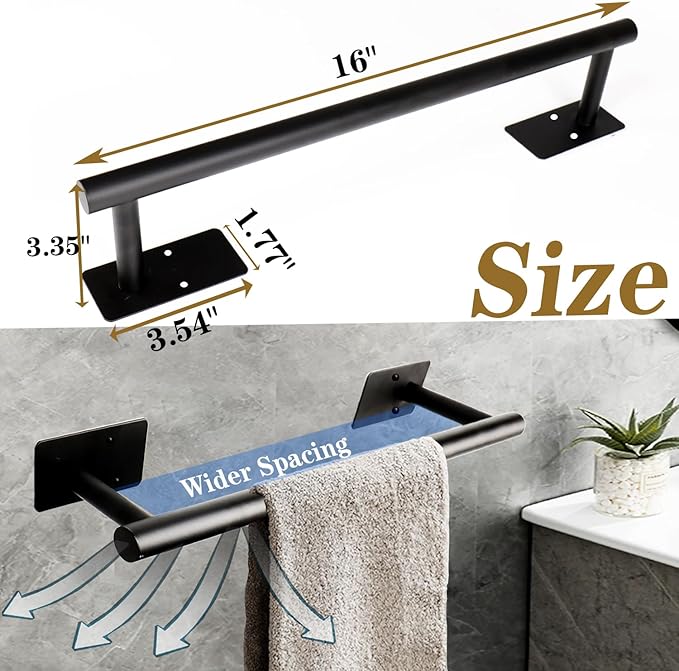 Self Adhesive Bath Towel Bar, Stainless Steel Towel Racks for Bathroom Sticky & Wall Mounted Install Towel Holder, Heavy Duty Towel Rod Rustproof Towel Hanger for Bathroom(Matte Black,16In)