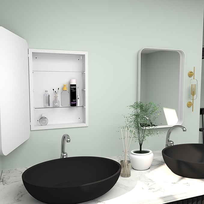 16”Wx24”H Farmhouse Framed Medicine Cabinet with Mirror, Matte White Finish, Recessed or Surface Mount, Adjustable Shelves, Rounded Rectangle Bathroom Medicine Cabinet,Install Left or Right