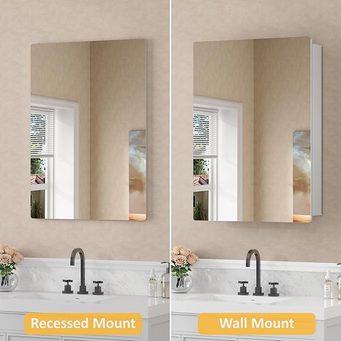 24x30 Inch Medicine Cabinet with Mirror, Recessed or Surface Mounted Bathroom Cabinets for Storage, 2 Fully Adjustable Tempered Glass Shelves, Soft-close DTC Hinges, HD Reflection Mirror Door, Silver