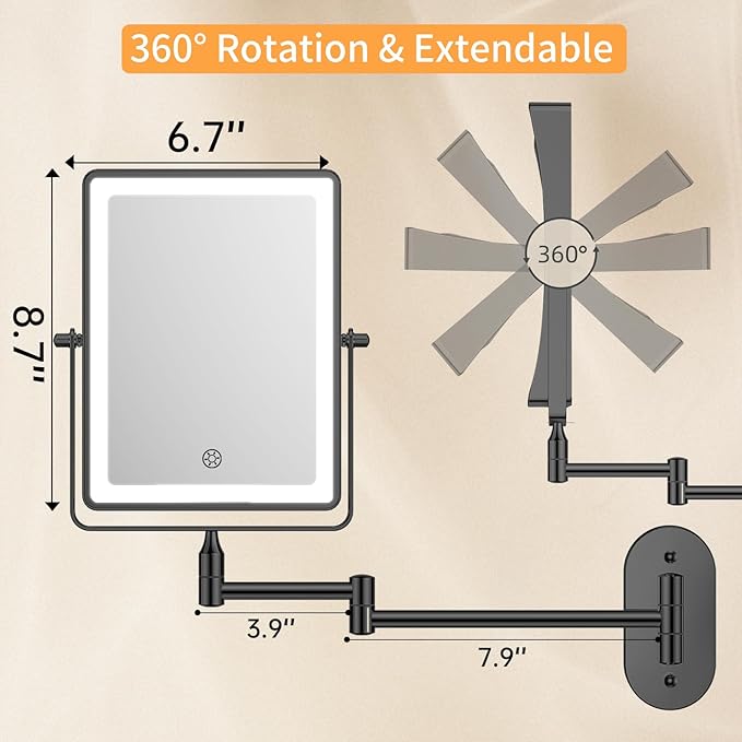 FUNTOUCH 5000mAh Rechargeable Wall Mounted Makeup Mirror with Lights, 8.7" Double Sided 1X/30X Magnifying Mirror with Dimmable 3 Color Light, Extended Swing Arm 360° Wall Mount Bathroom Vanity Mirror