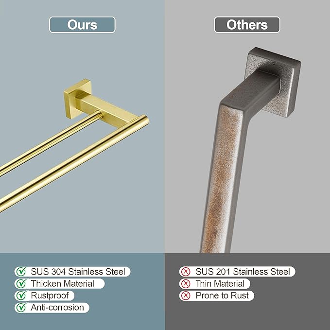SEIDO 24 Inch Double Towel Bar, SUS 304 Stainless Steel Rustproof Towel Rack Wall Mounted, Heavy Duty Square Base Double Towel Holder for Bathroom, Kitchen, RV (Brushed Gold)